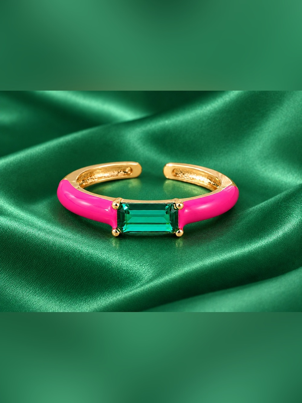 💗 Pink & Green Y2K Candy Ring | Emerald Glass Stone | Adjustable